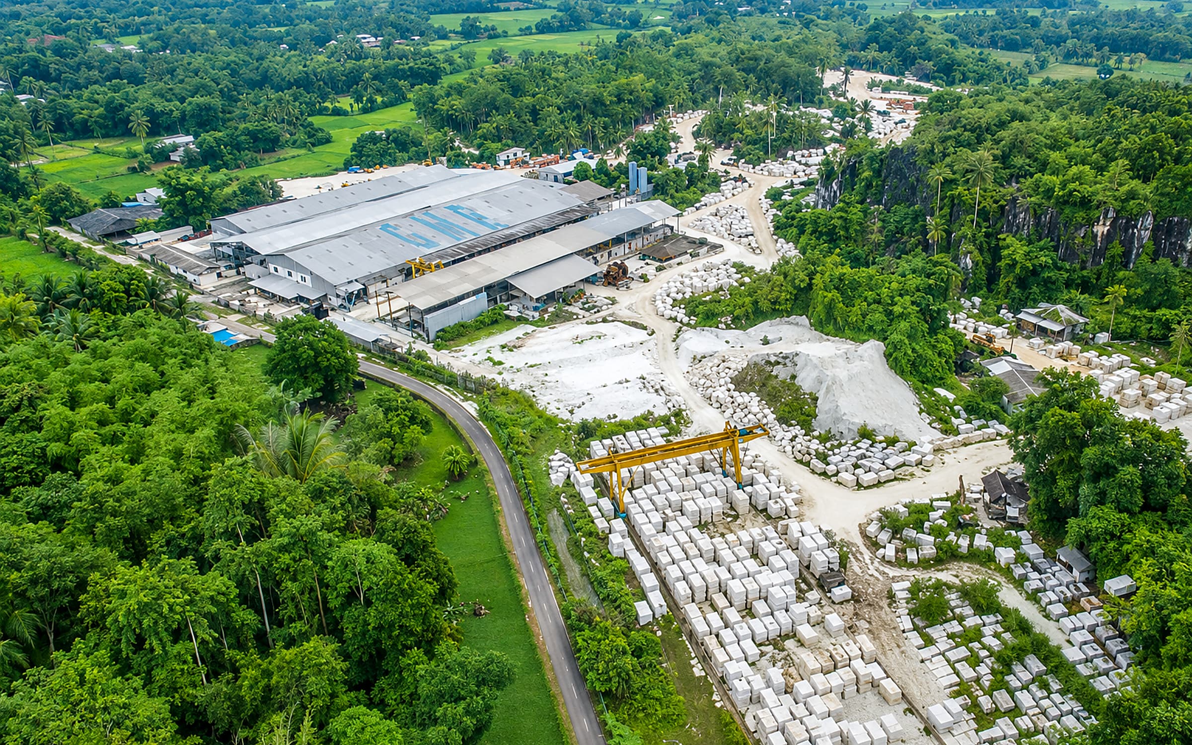 Aerial view of the RadjaGunungMarmer quarry and processing yard